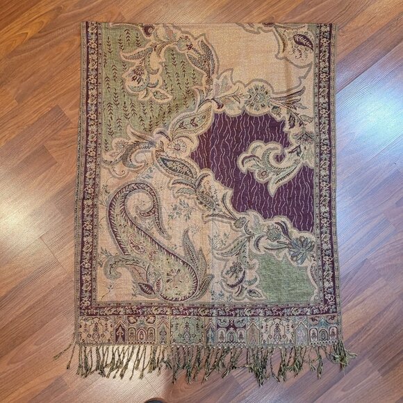 Waverly Paisley Scarf Wrap Shawl 27" X 69" Including Fringe Elegant Gold & Burgu - Picture 12 of 15